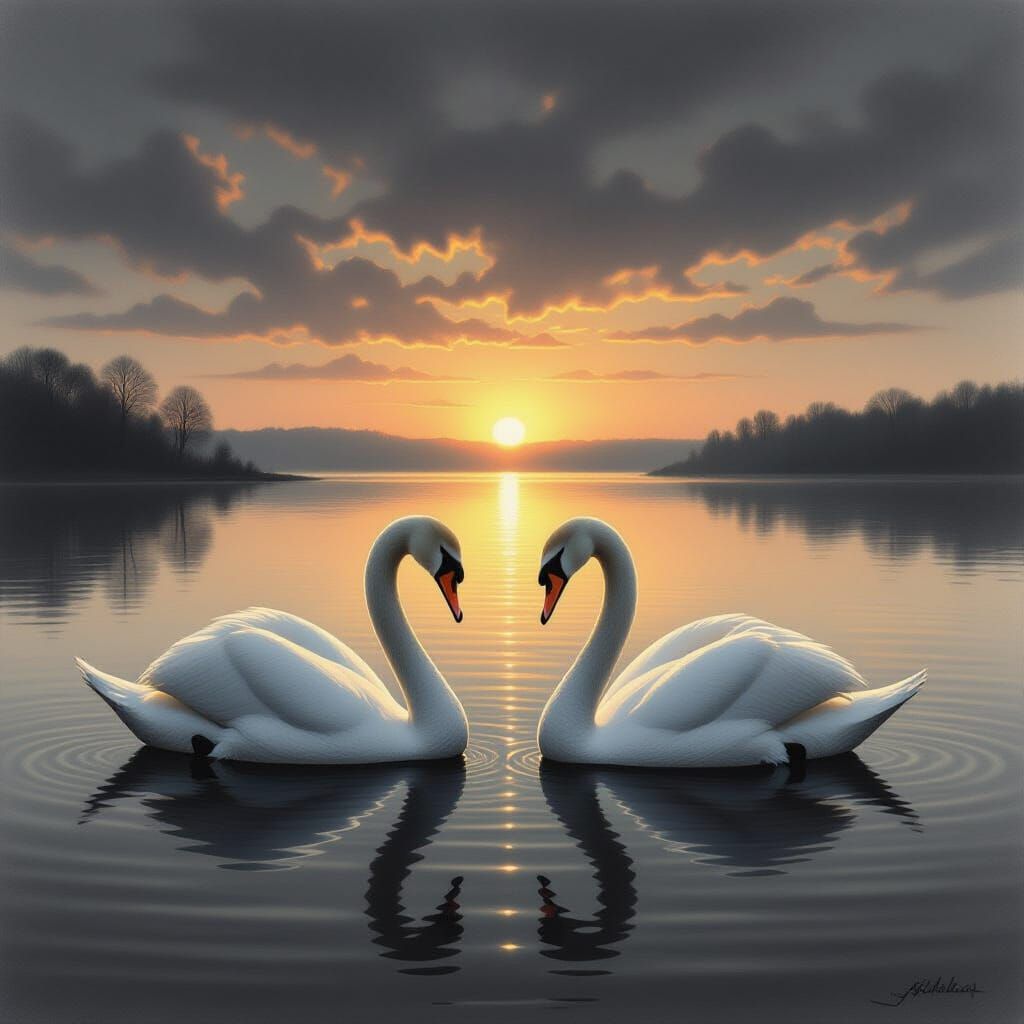 Two Swans in Sorrow at Dusk, Charcoal Drawing