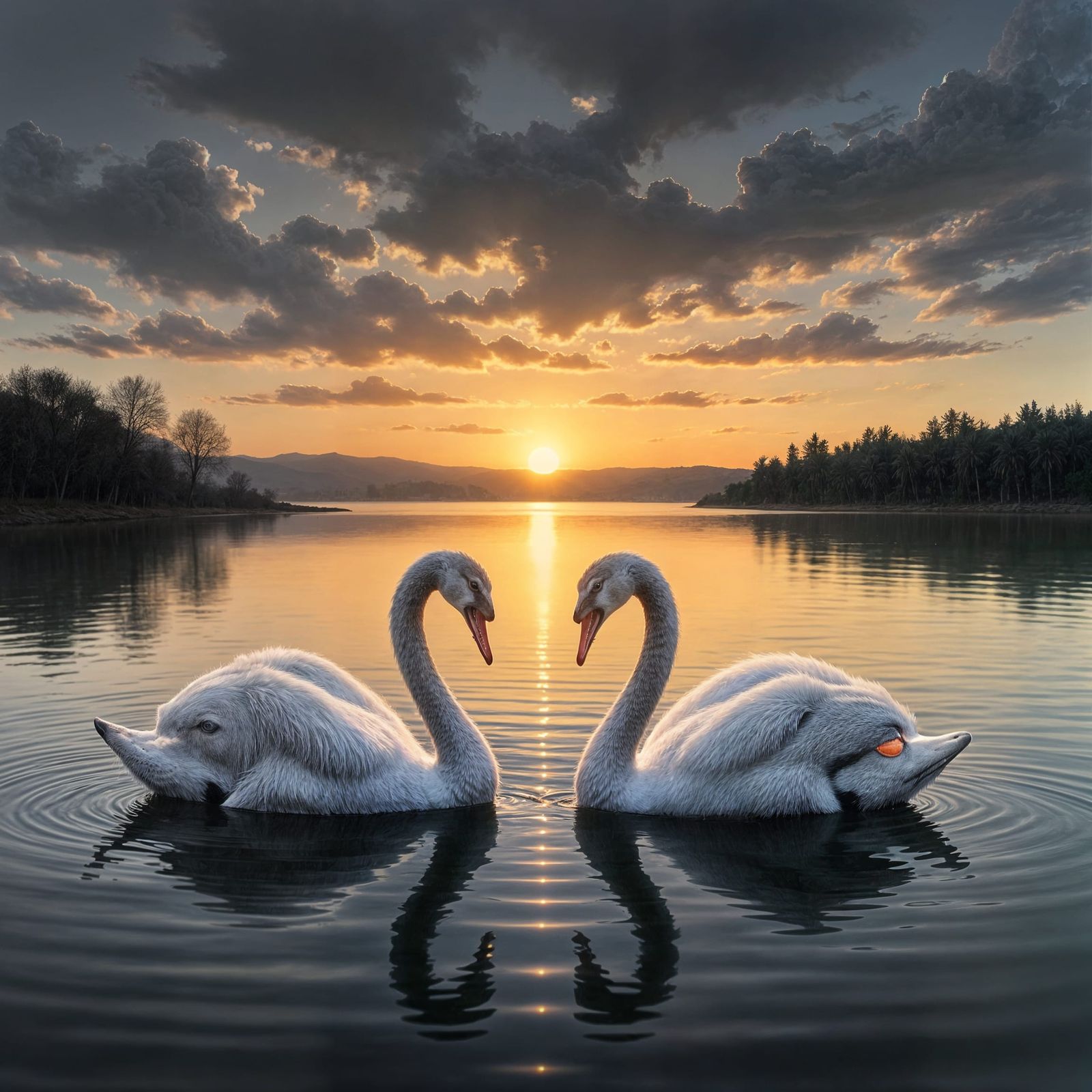 Two Swans in Sorrow at Dusk, Charcoal Drawing