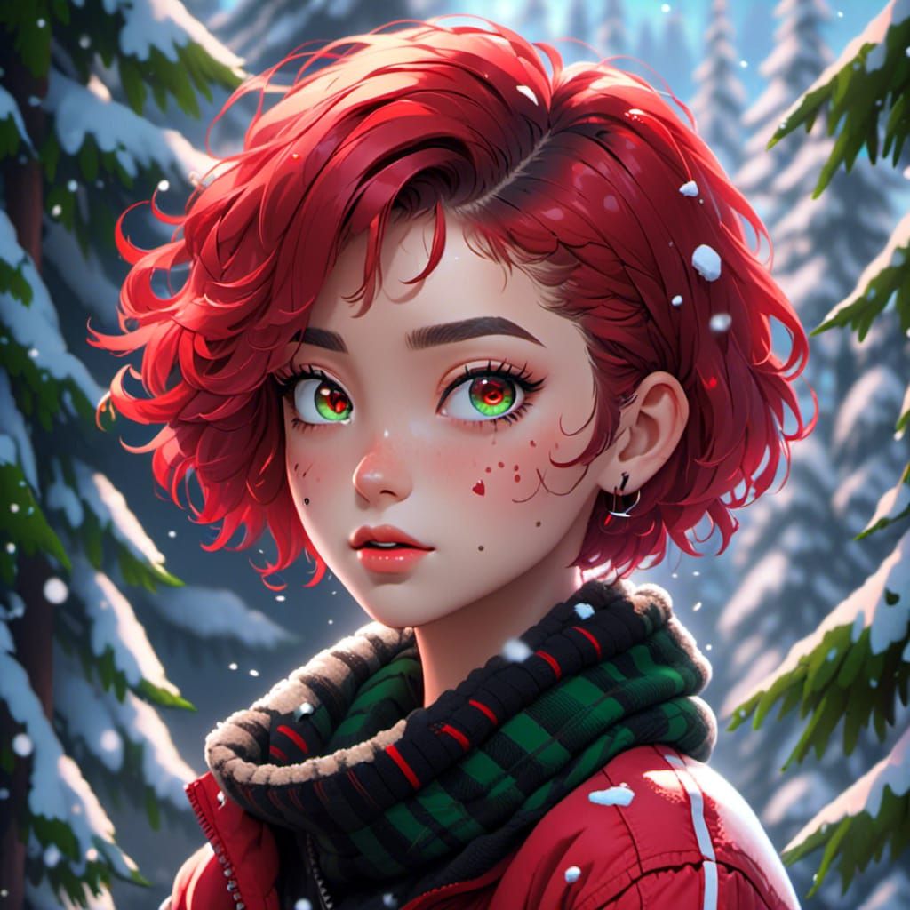<lora:Eunhagye Bijeon XL:1.0>,, Goth Beautiful Woman, Short Curly Red Hair, Green Multilayered Eyes, Sharp Eyebrows, Forest, Snow, detailed...