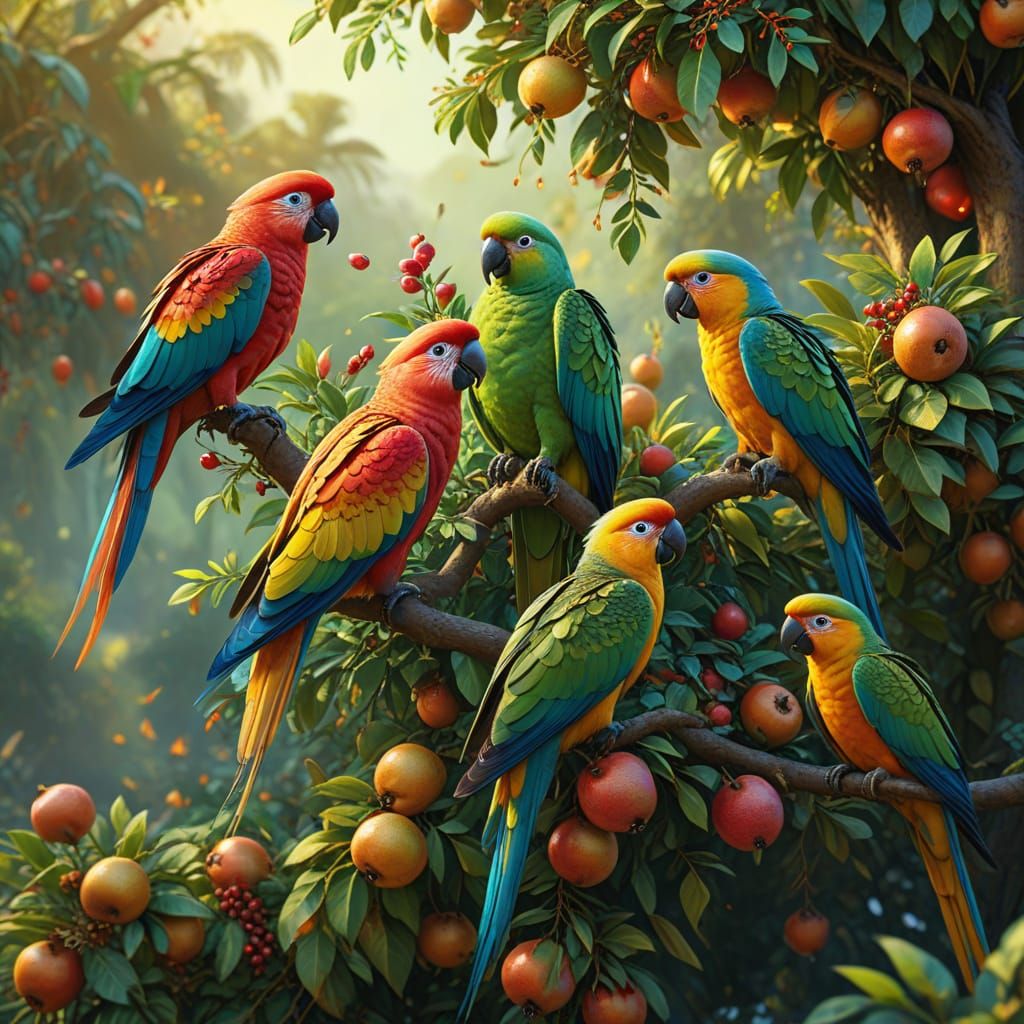 Vibrant Digital Painting of Birds on Pomegranate Tree