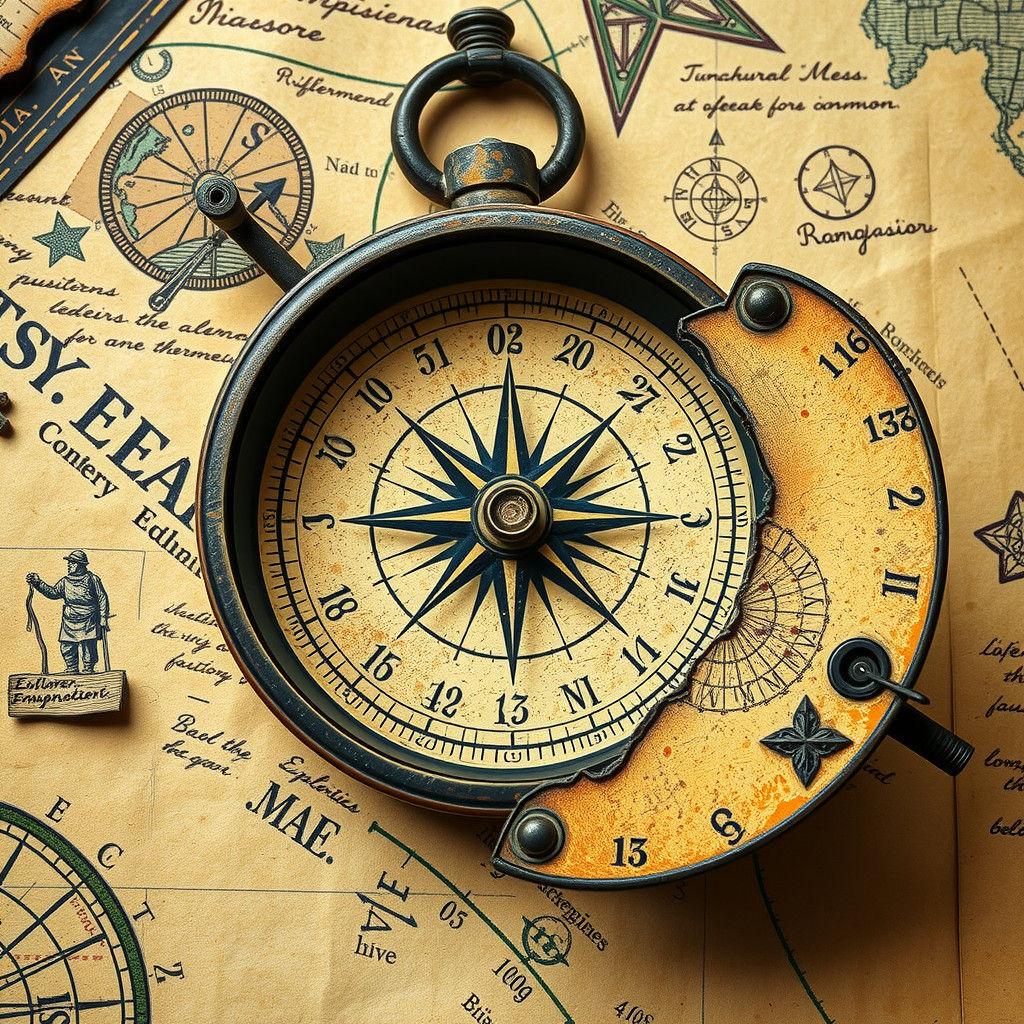 Compass with broken needle profile + navigational, chart tex...