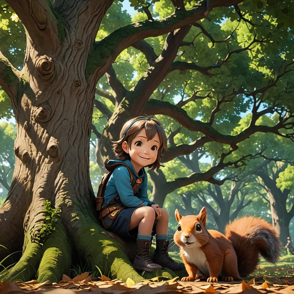 a five year old smiling
 under an oak and a squirrel in the ...