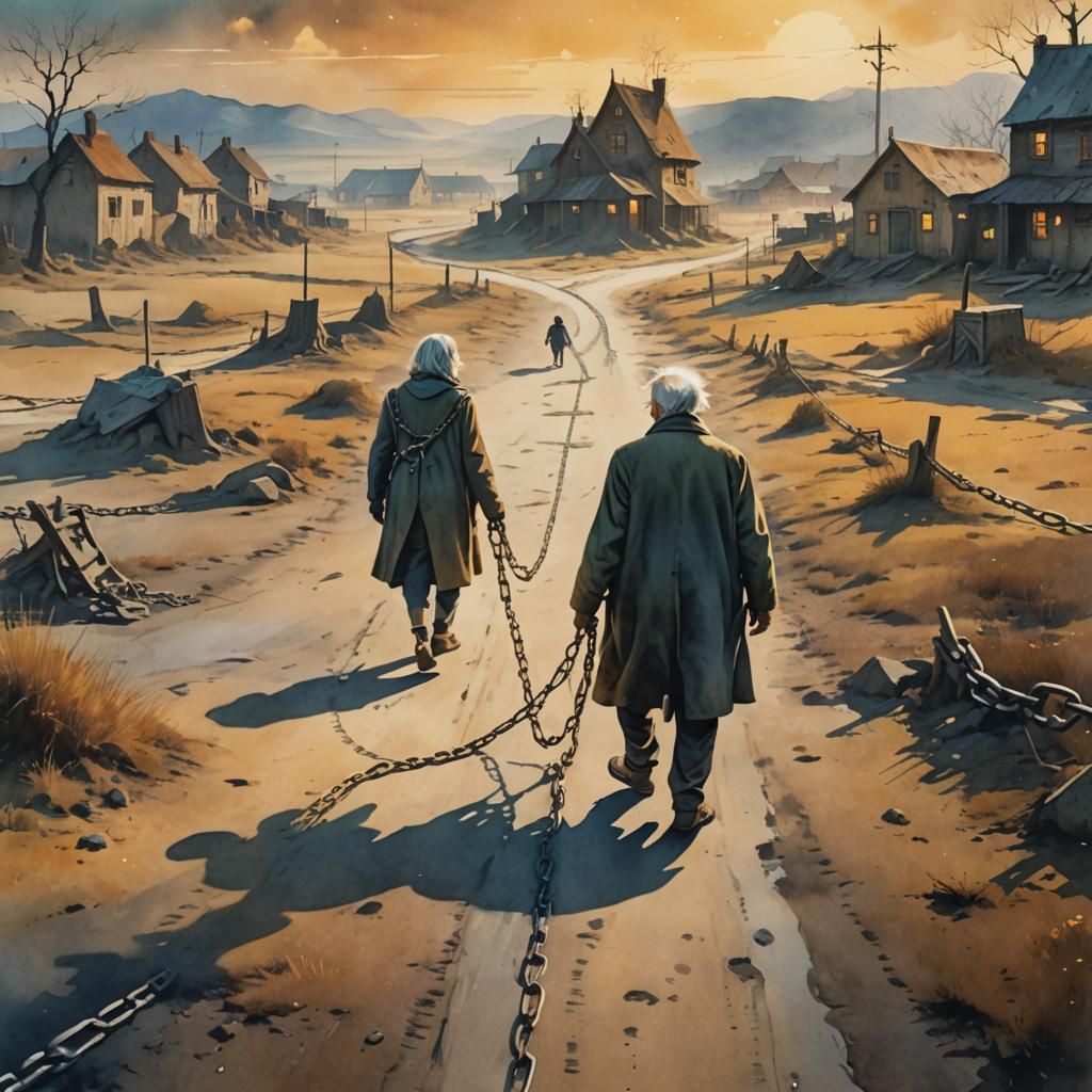 A chained old man leaving behind his childhood memories with...