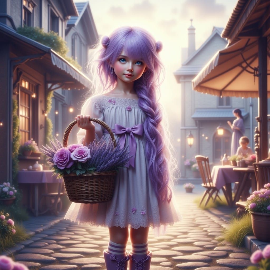 <lora:Illuminate:1.0> digital art, whimsical little girl with disheveled lavender hair, a cute lacy dress, striped stockings and purple lace...