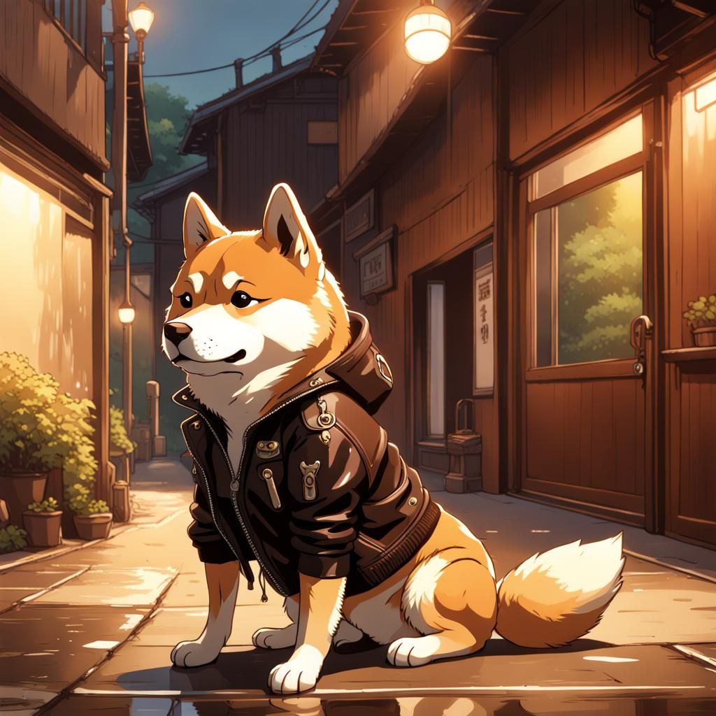 Shiba inu waring a leather jacket