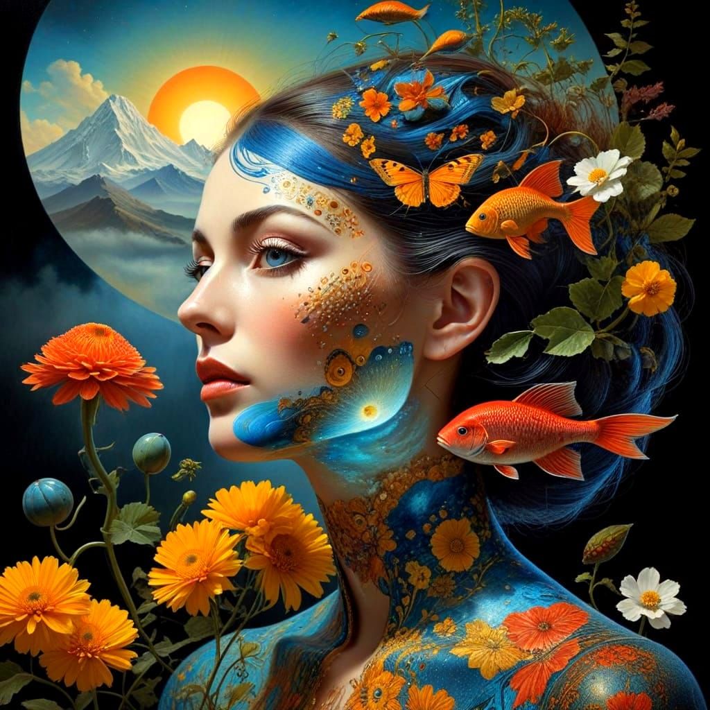 Enigmatic Lady in Vibrant Ikebana Fantasy