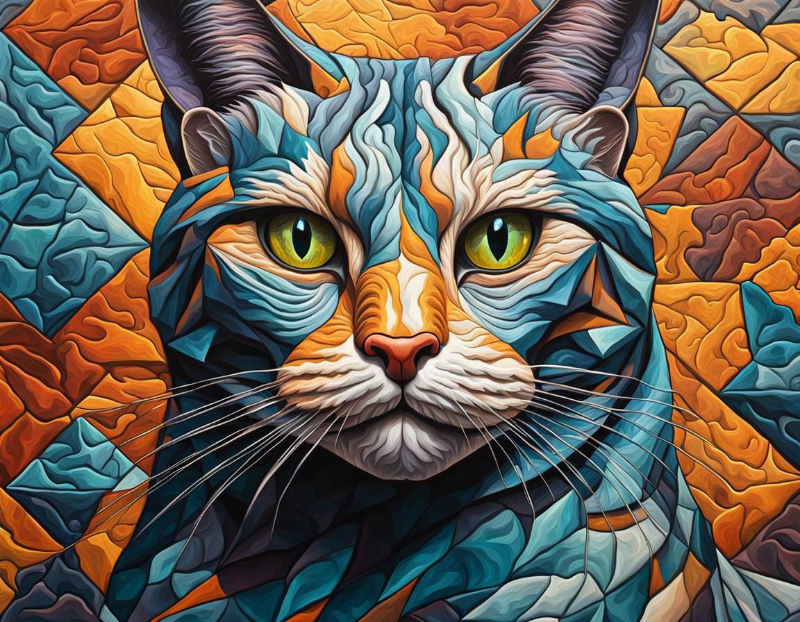 Escher-style tessellations of a cat, surrealism, hallucinations ...