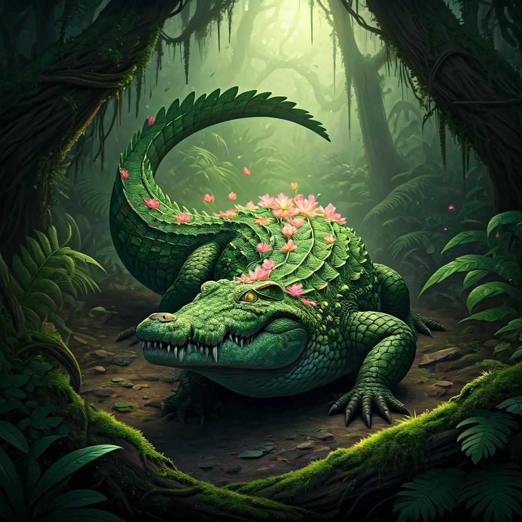 "Create an image of a powerful crocodile in wild shape, transformed by a druid's magic. The crocodile has vibrant green scales that shimmer ...
