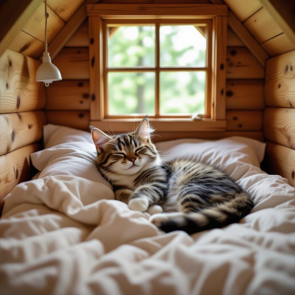 Chibi Witch Stretching in Treehouse Bed with Cat