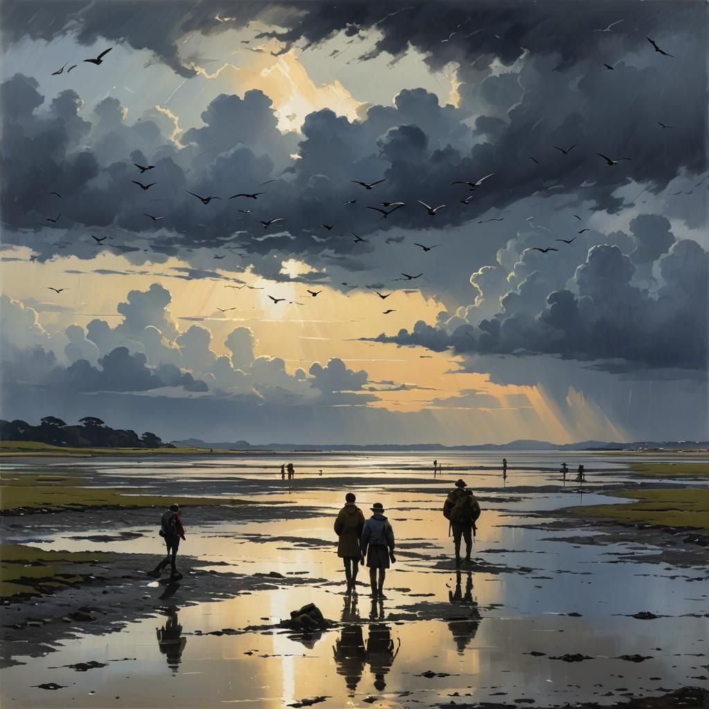 Mudflat hike under stormy skies at dusk, migratory birds can...