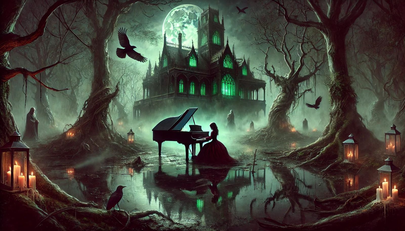 A gothic witch playing a grand piano in front of her dark, ornate manor. The scene is illuminated by a pale moonlight, w...