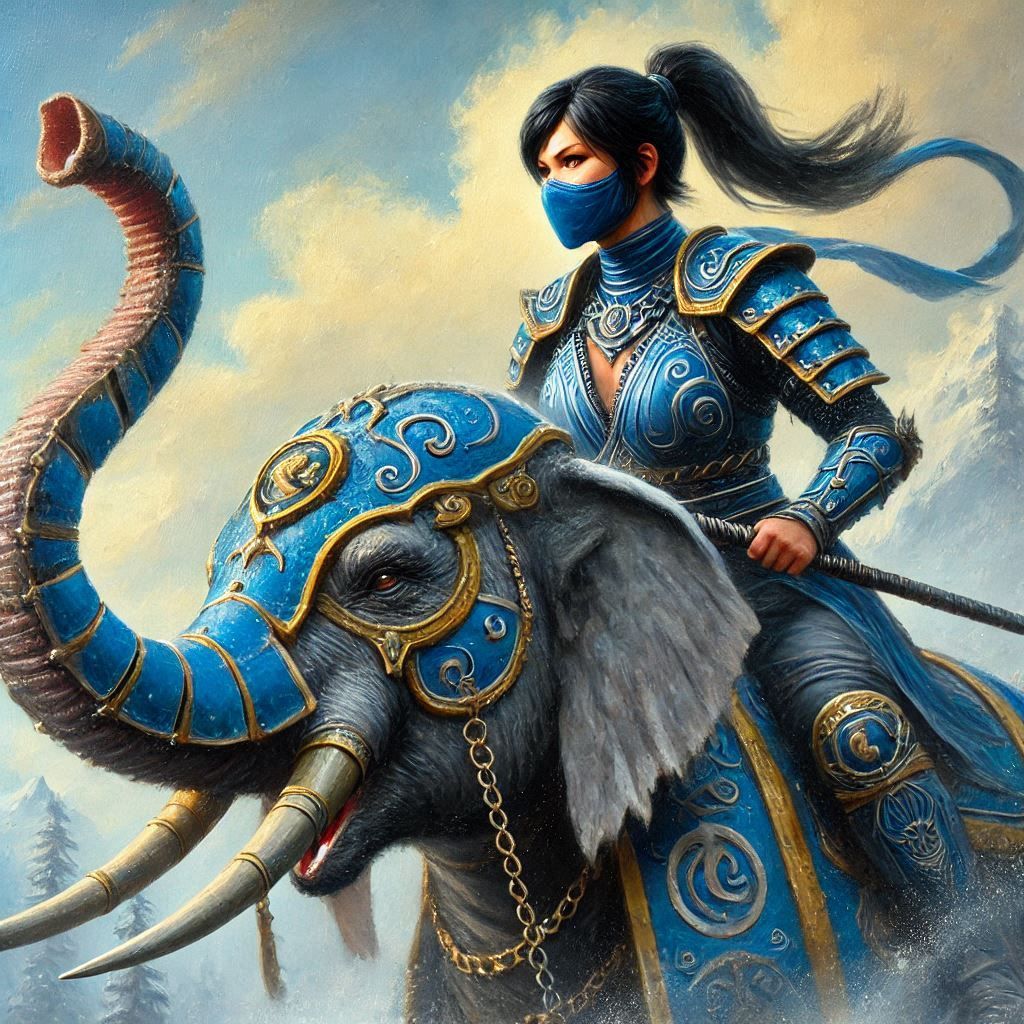 Kitana riding an Asian war elephant into battle