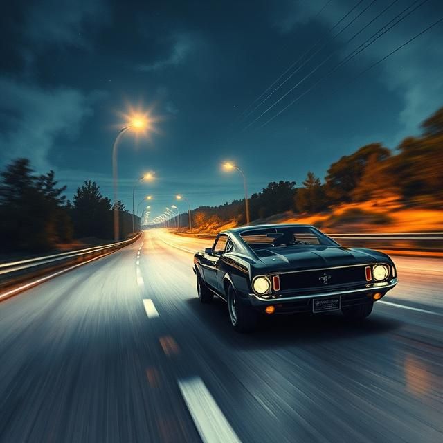 A VINTAGE BLACK 1969 FORD MUSTANG SPEEDING ON THE HIGHWAY AT...