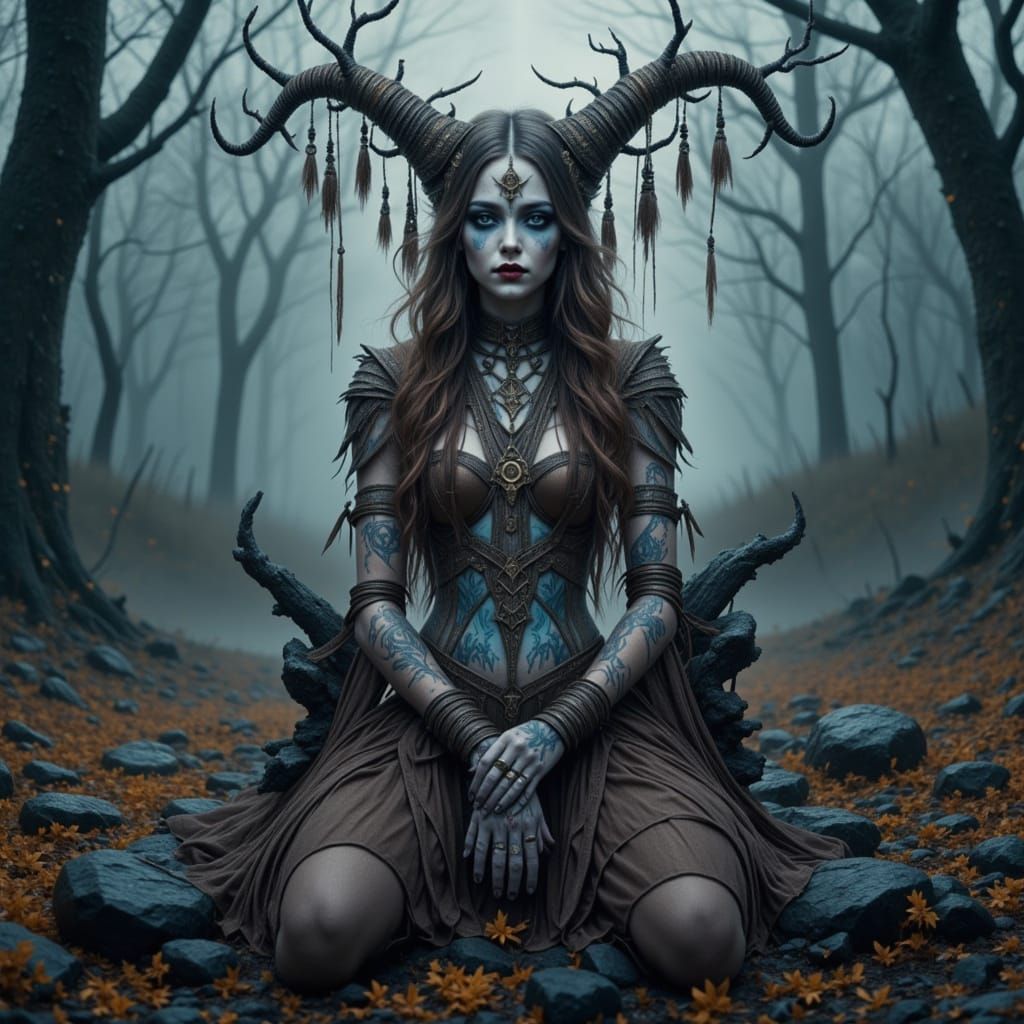 A dark fantasy digital art piece of a mystical figure in a misty forest setting. The figure has pale white skin, long wavy brown hair, and w...