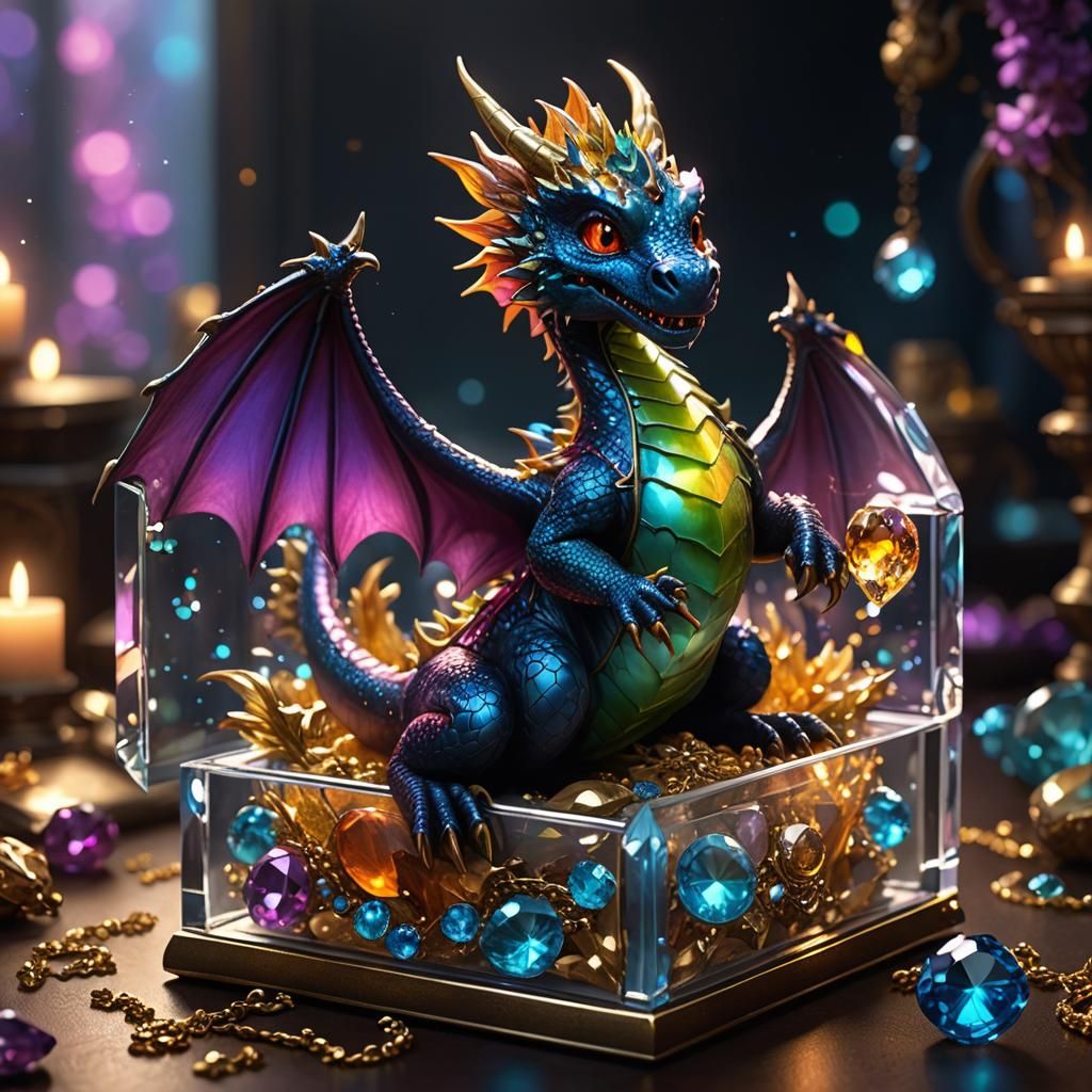 A cute miniature baby dragon sitting in a glass jewelry box ...