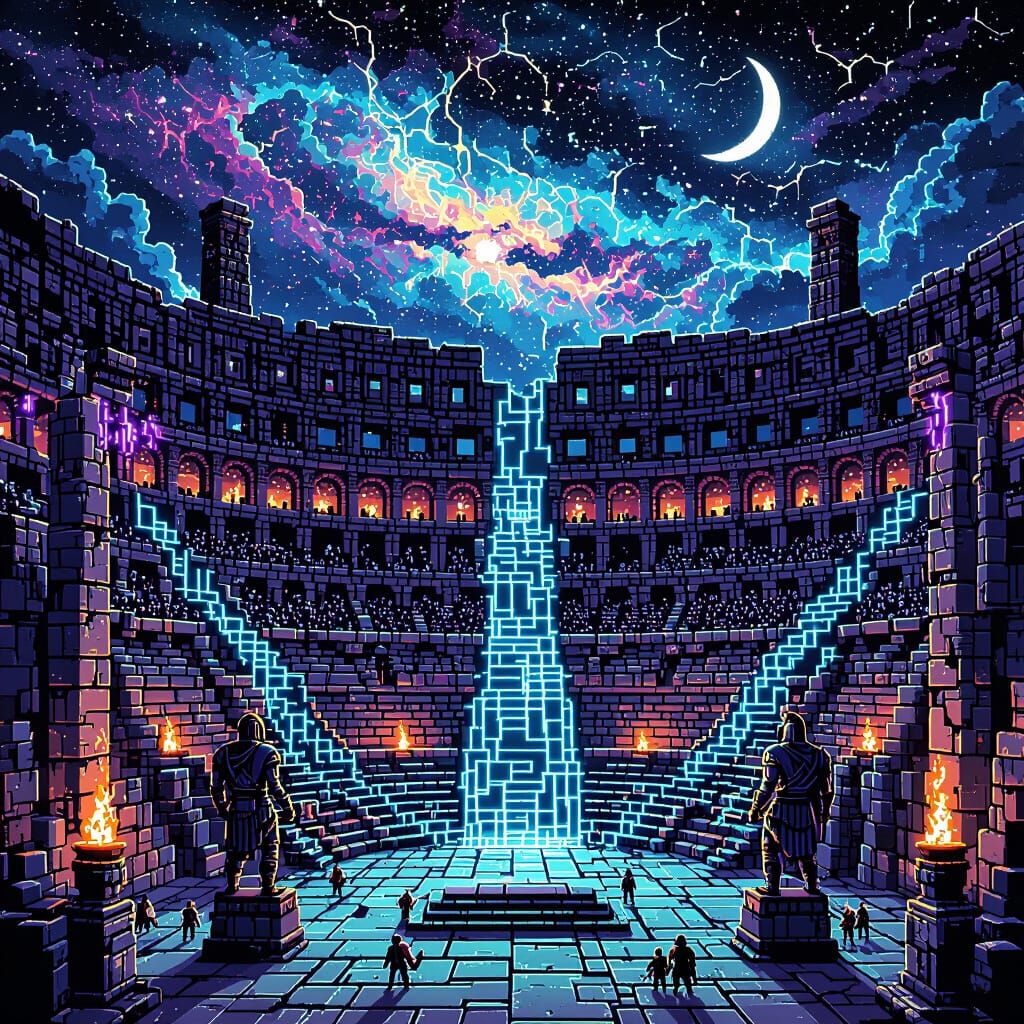 Create a detailed and intricate 16-bit pixel art scene of a colossal gladiator colosseum under the celestial dome of a night sky adorned wit...