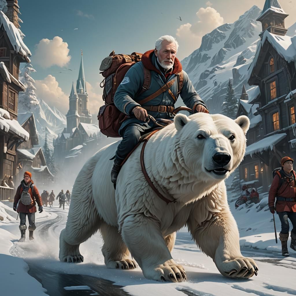 Dave ridding a polar bear to school