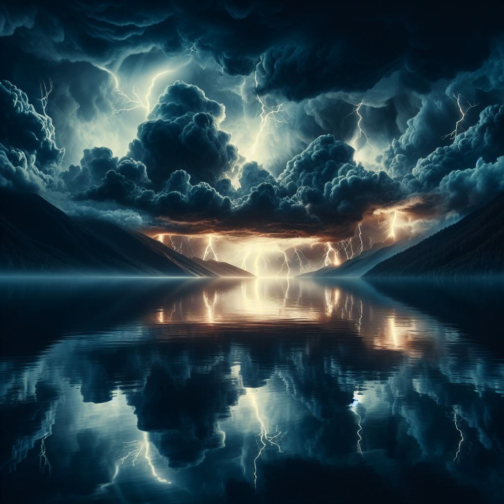 🌩️⚡️💦🌊 thunderstorm over a tranquil body of water