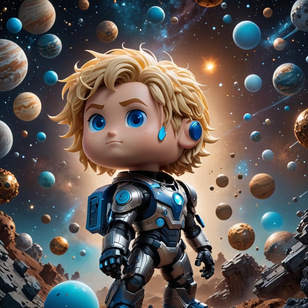 A Funko pop style character boy with blonde hair and blue ey...