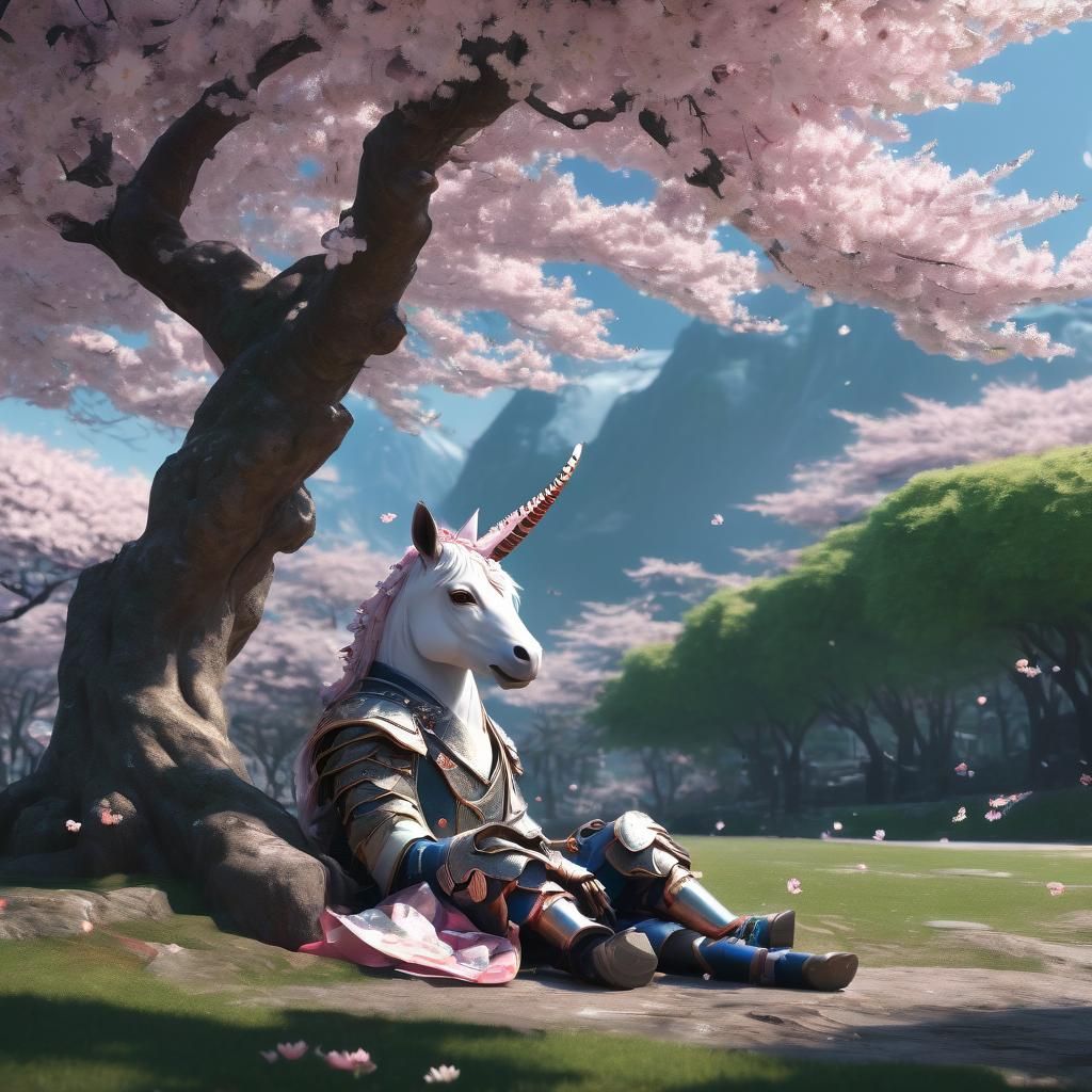 Unicorn sitting under a cherry blossom tree