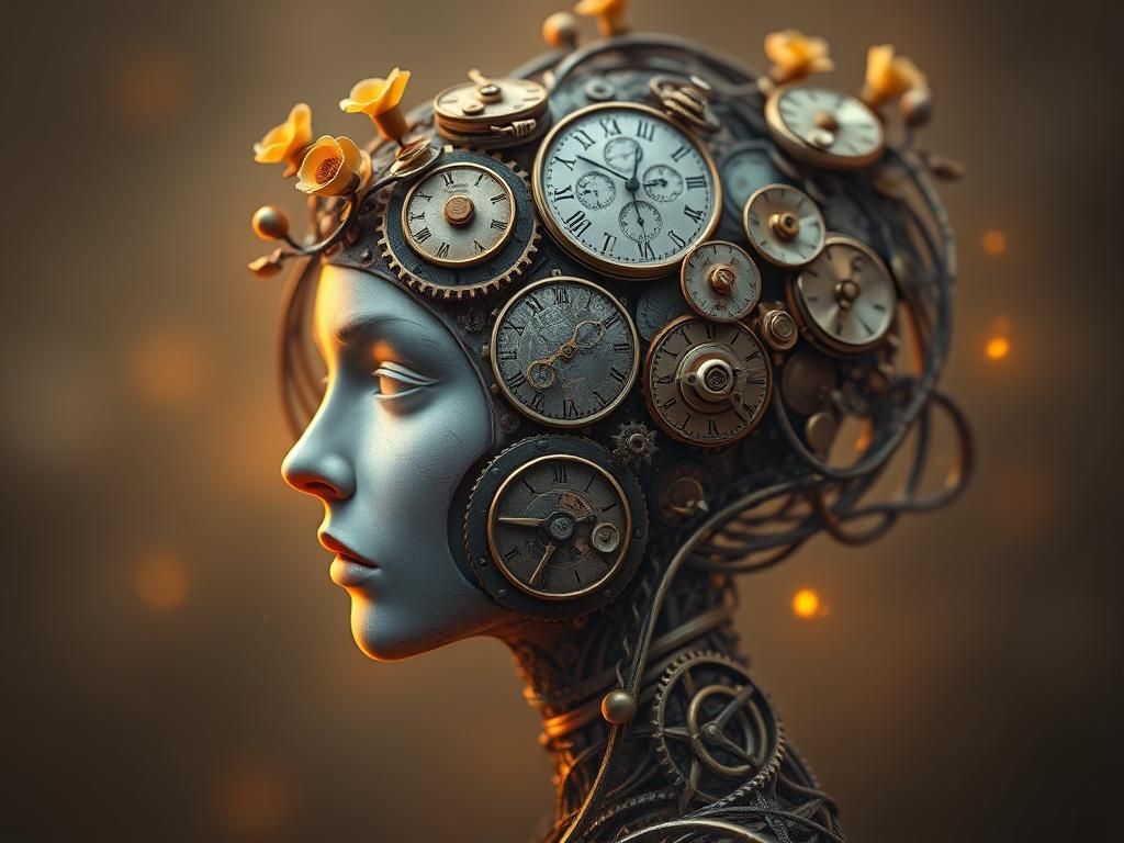 A surreal portrait of a female head out of pocket watches, brass cogs