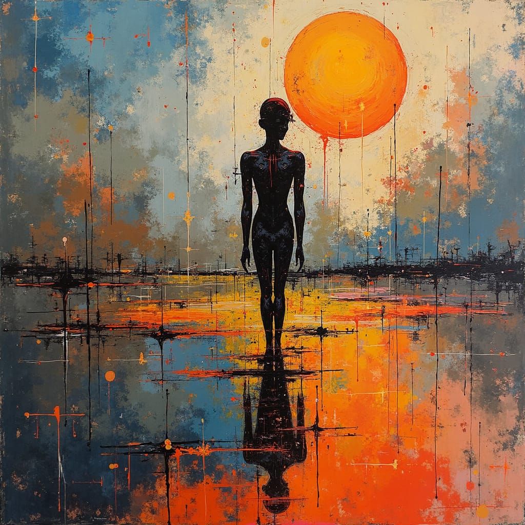 Abstract Expressionist Figure in Mirrored Landscape