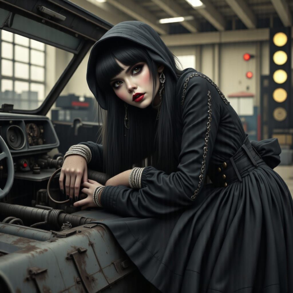 <lora:Goth Grunge Beauty:1.0> <lora:Vehicles Flux:1.0> "dark goth beauty auto mechanic fixing a car/goth dress"