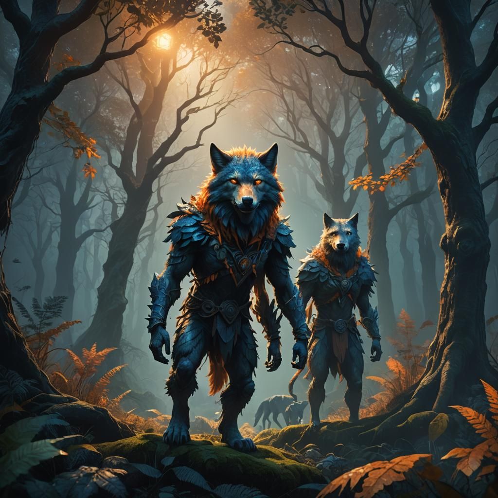 Mystical Wolf Humanoid in Fantasy Forest
