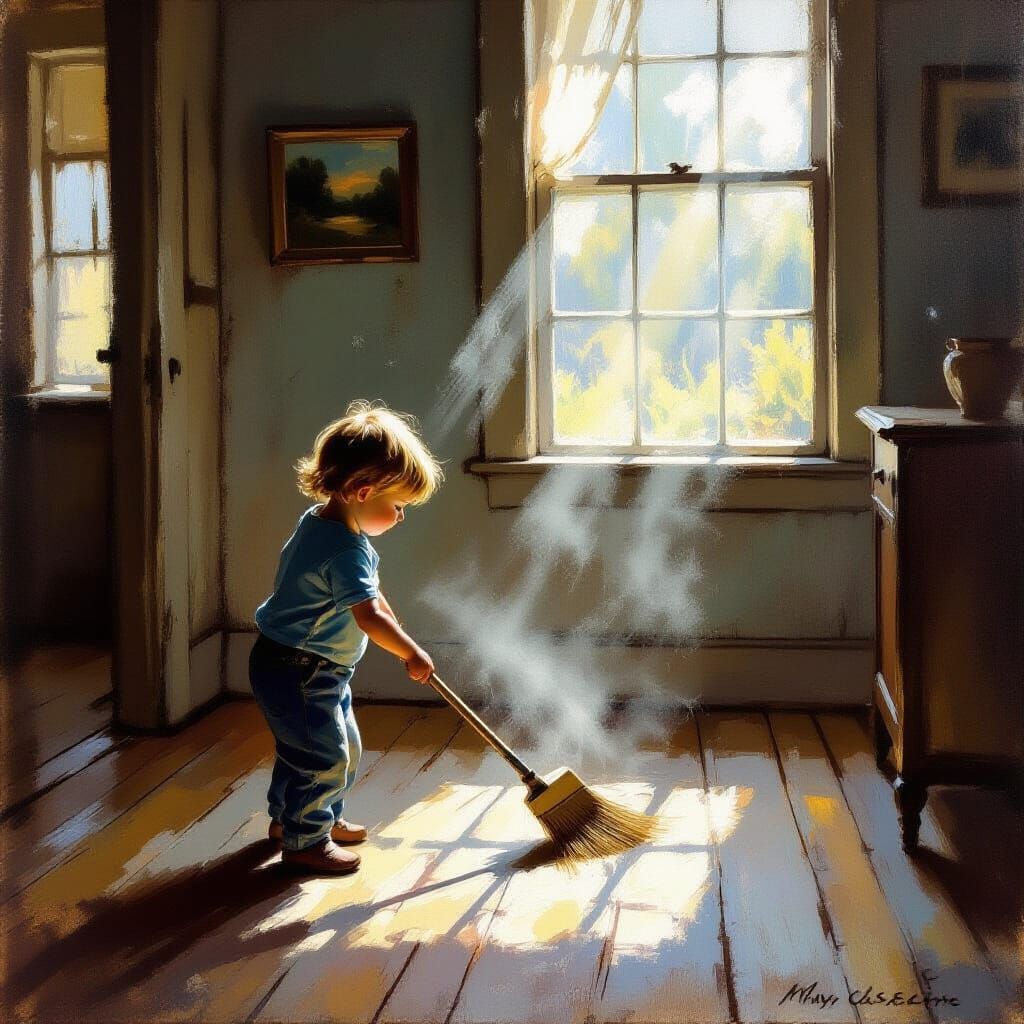 Child Sweeping Dusty House in Nostalgic Oil Painting Style