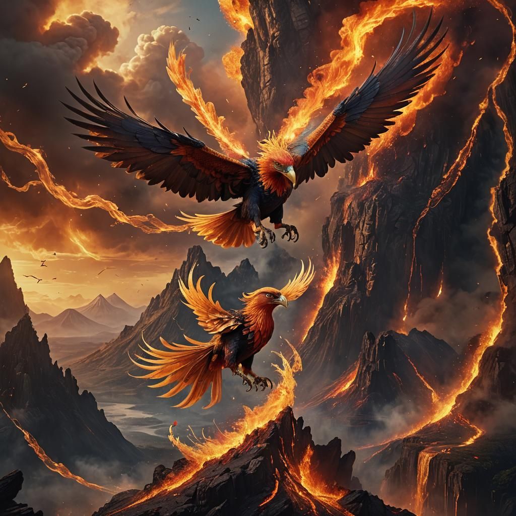 A beautiful hyper realistic phoenix flying majestically. The...