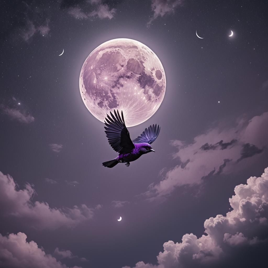 a little purple bird flying in the night sky with a full moo...