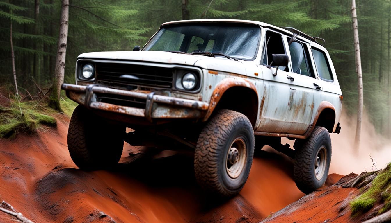 rusty 4x4 car difficult way in forest