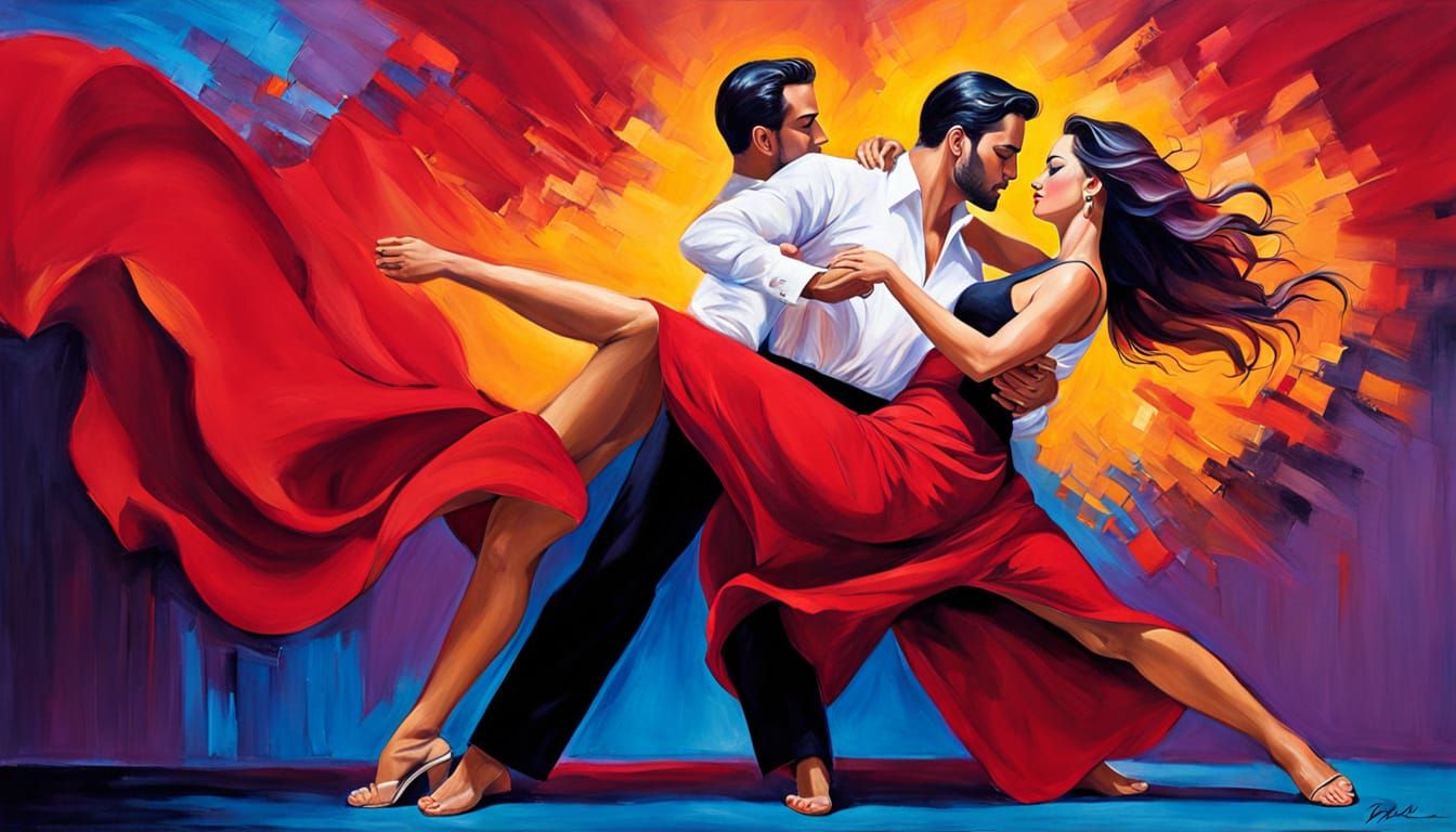A painting depicts a couple dancing tango or salsa in a romantic embrace. The woman wears a red dress ...  by @Niels Carlsen