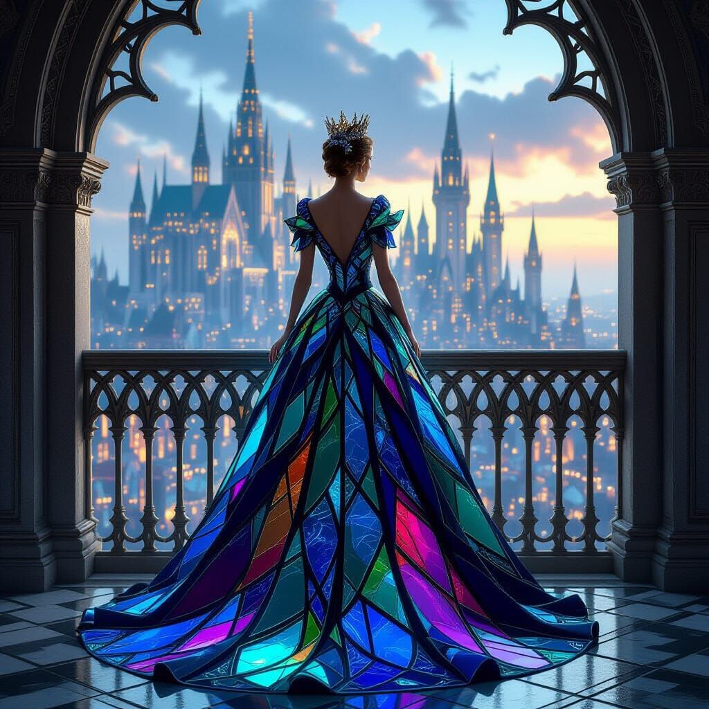 A regal queen stands on a balcony overlooking a fantastical city, her gown meticulously crafted from ...  by @Ironsoul
