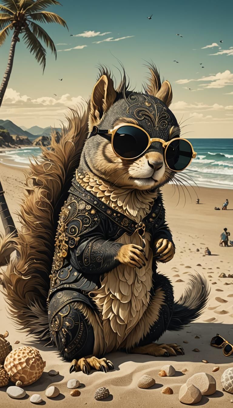 Squirrel with sunglasses on the beach