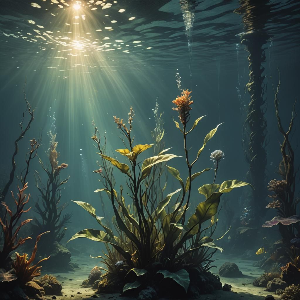 An underwater scene. There is a single light emanating from ...