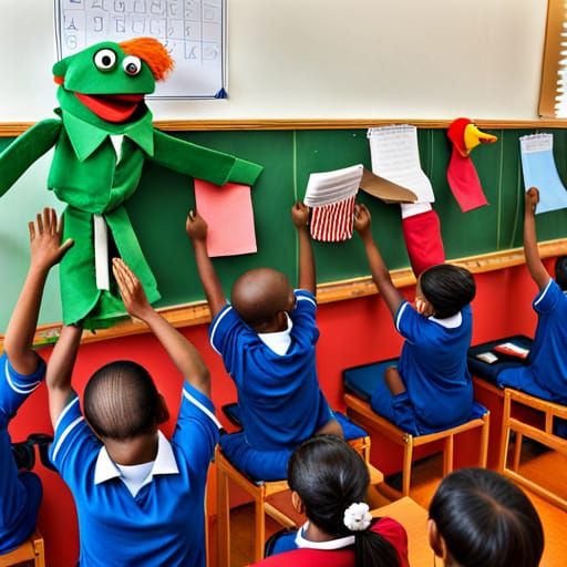 Puppets teaching reading skills to primary school students