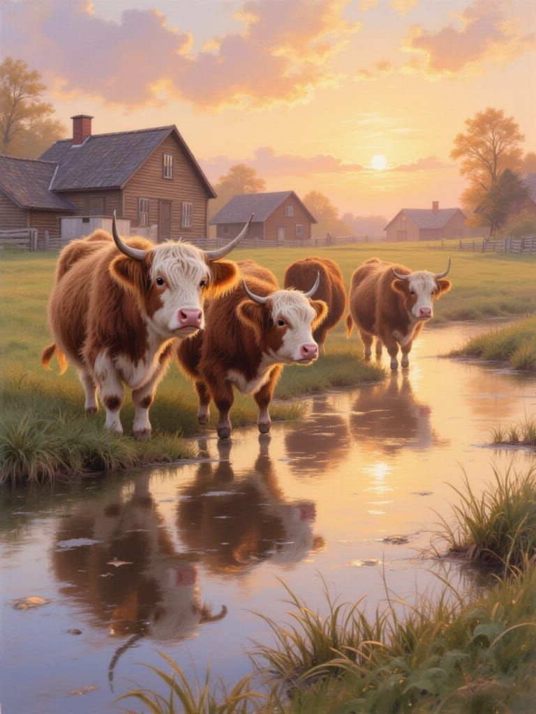 Impressionist Cow Family at Sunset River Reflection