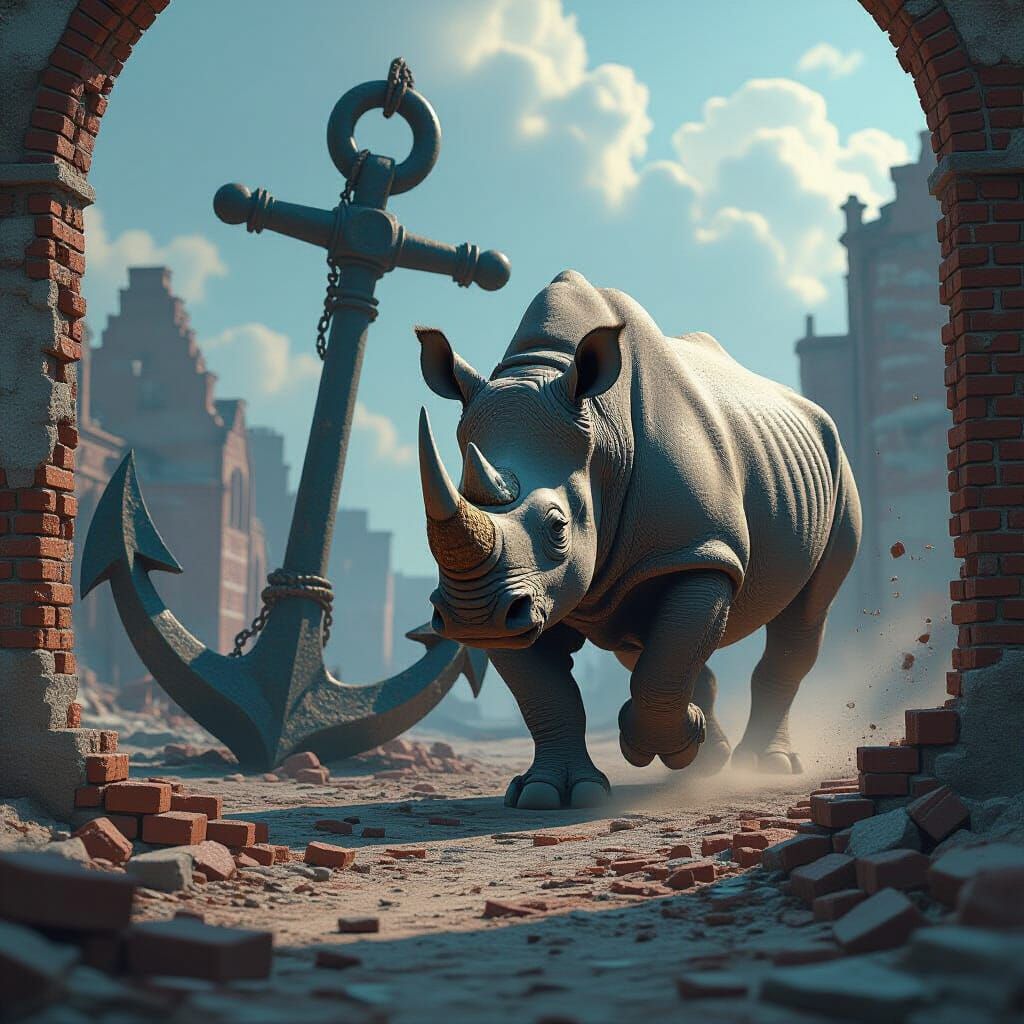 Rhinoceros Charges Anchor in Ruined Landscape
