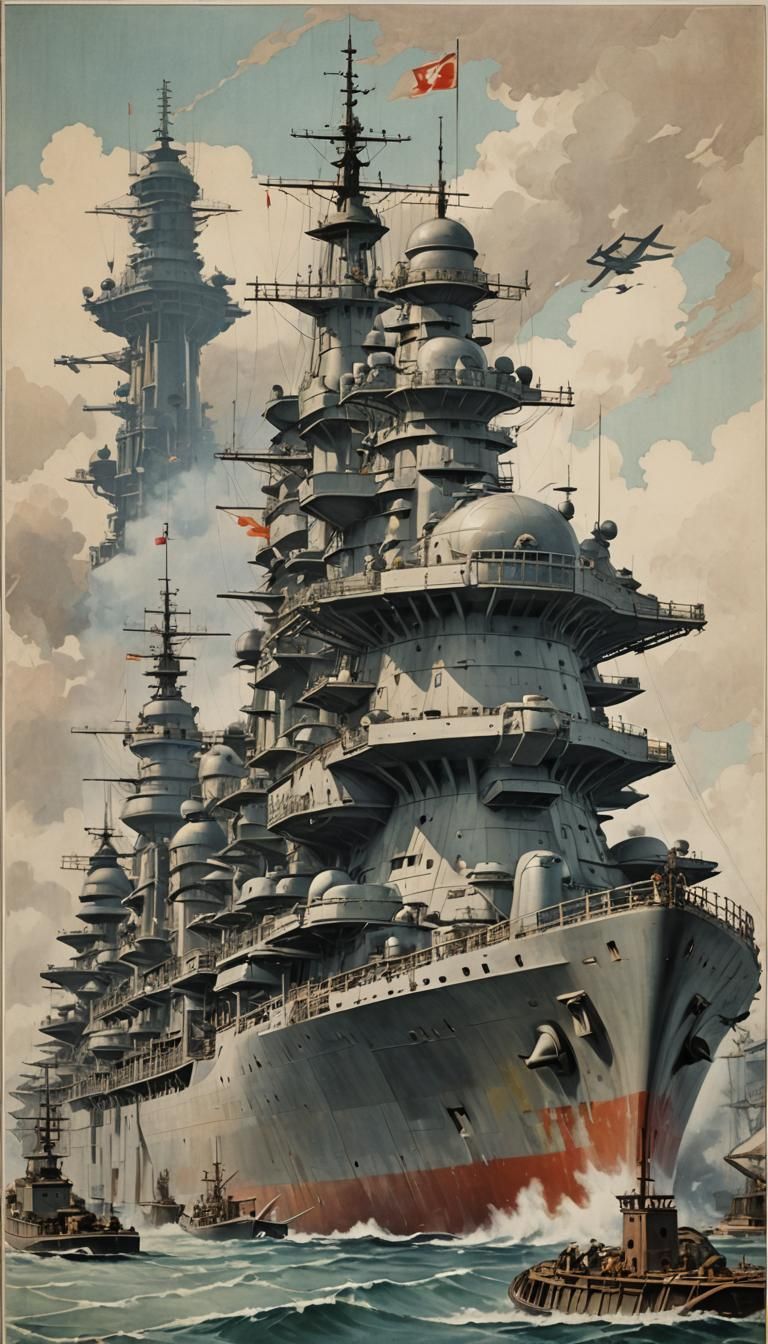 japanese battleship seen from front, air tower behind it, Alphonse Mucha style