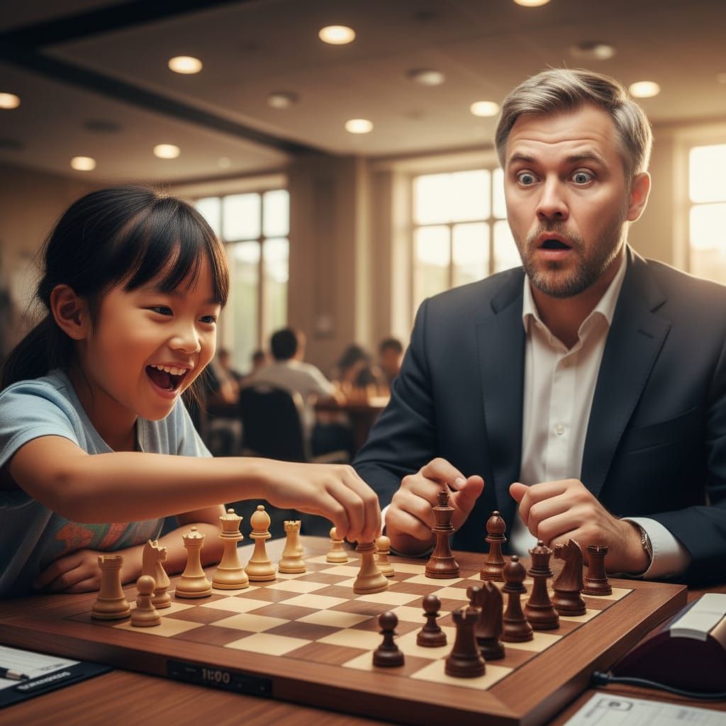 A small Singaporean Chinese girl is playing chess with Magnus Carlsen whose face shows his utter shock as she checkmates his king.
Photoreal...