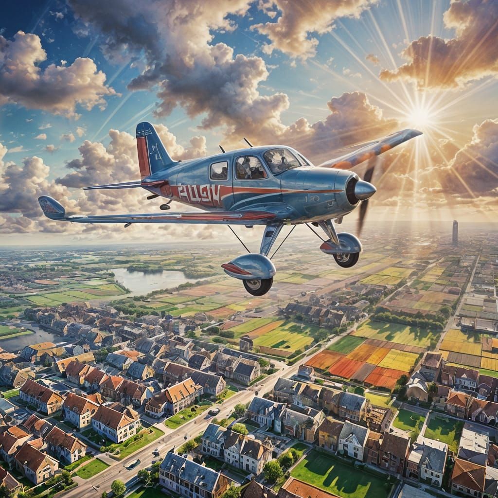 Watercolor Piper Airplane Over Colorful Landscape
