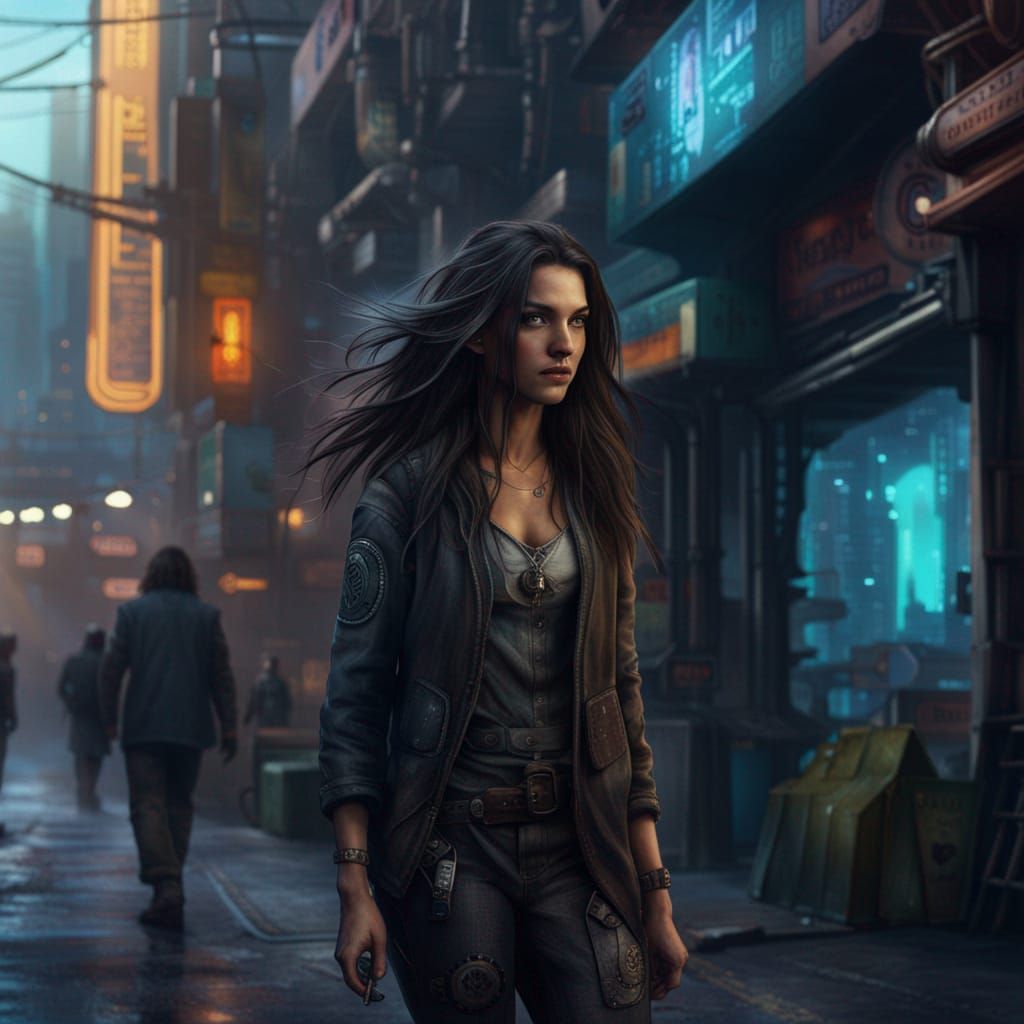 Beautiful but tatty long-haired brunette walking down cyberpunk sci-fi street, early morning, cleaners, ...  by @Albeanz