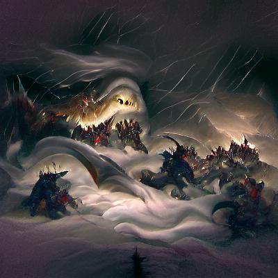 a dragon battling an army of dwarves high in the snowy mount...