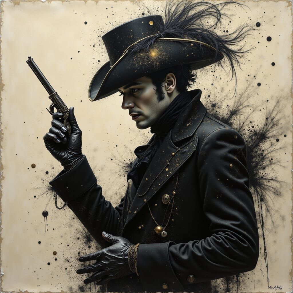 distressed image of a 17th century highwayman in tricorn hat , jewellery in his gloved hands, pistol in the other by Adam Ant Vincent Lefevr...