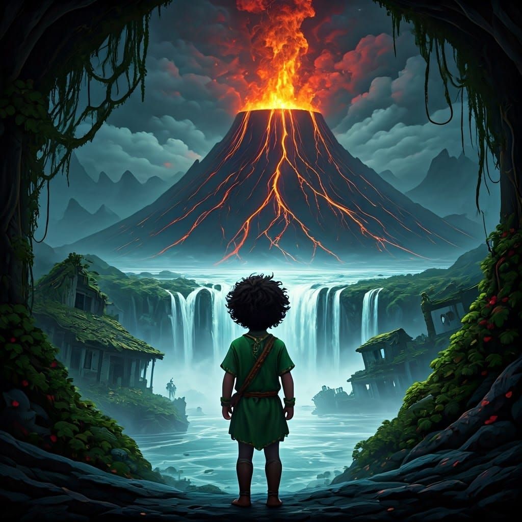 Boy Stands Before a Mysterious Volcano in a Fantastical Real...
