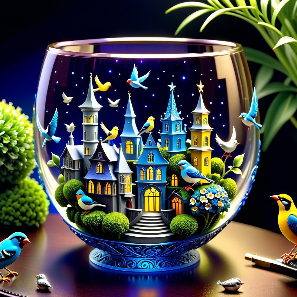 Little city of birds inside a glass