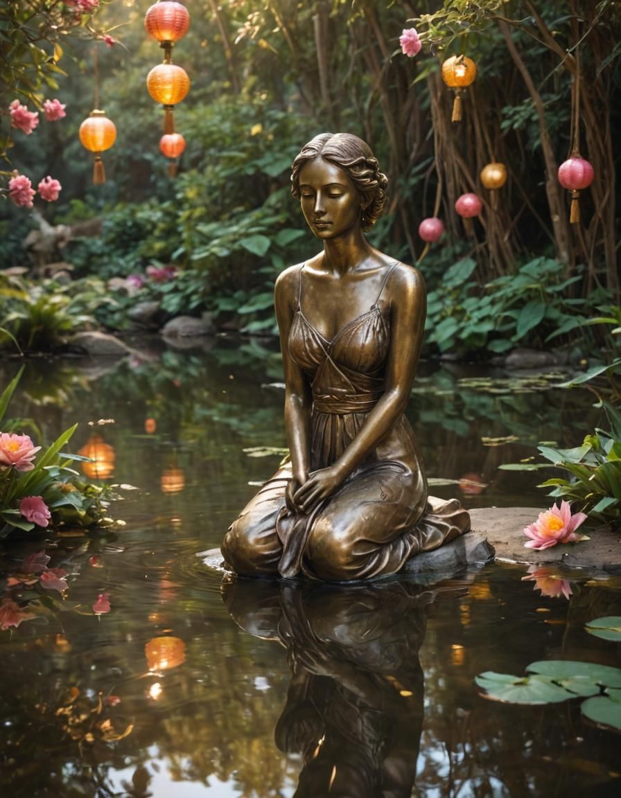 Bronze Statue by Pond: Whimsical Fantasy Art
