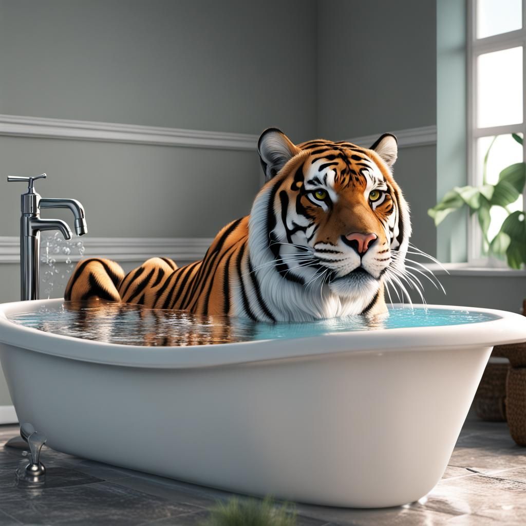 ATiger taking a bubble bath,  intricately detailed hyperdeta...