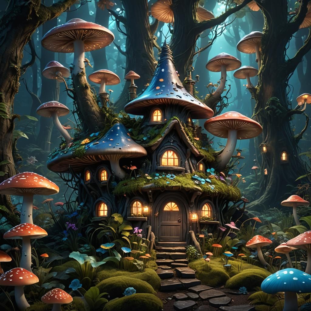 A fairy mushroom house in an enchanted bioluminescent forest...